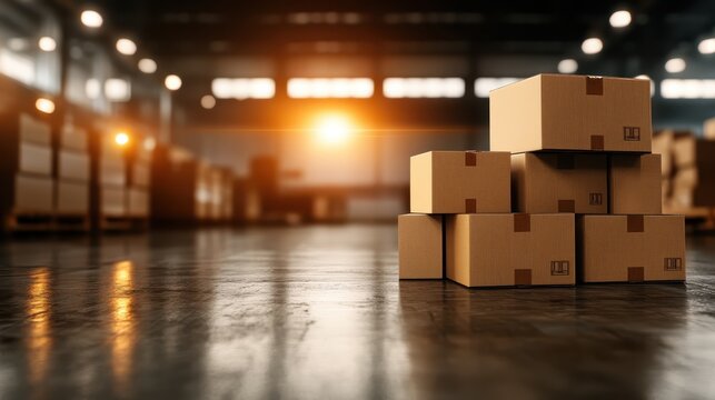 A stack of cardboard boxes in a spacious warehouse conveys themes of logistics, organization, and the intricate workings of supply chains in modern storage environments.