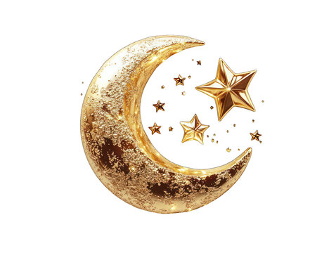 Golden crescent moon with glittering stars against a black background.  Detailed, textured gold moon and stars