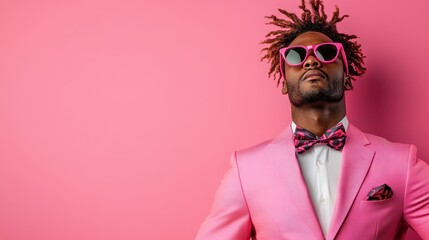 A fashionable man wearing a vibrant pink suit and sunglasses strikes a confident pose against a bold backdrop, epitomizing modern style and self-expression in fashion.