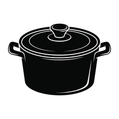 Black and white illustration of a cooking pot with lid and handles