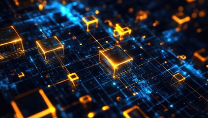 Abstract digital circuit board with glowing cubes (1)