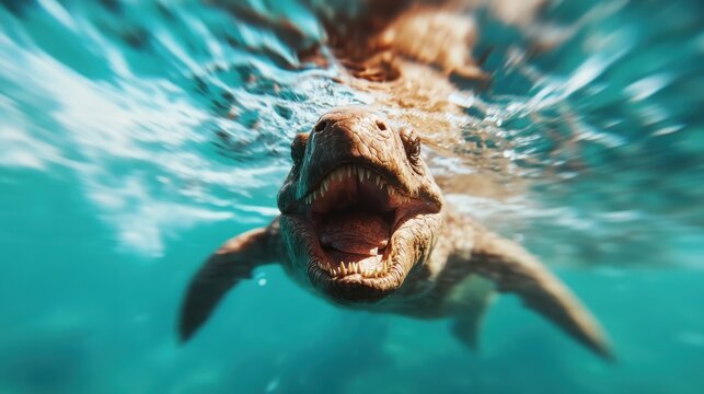 This imaginative underwater scene showcases a prehistoric reptilian creature coming to the surface, evoking feelings of mystery, adventure, and curiosity in a vibrant blue environment.