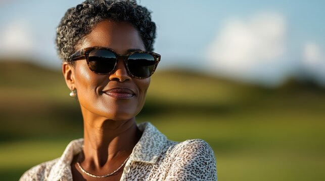 A stylish woman wearing sunglasses and a patterned shirt poses outdoors, radiating confidence and grace against a beautiful natural backdrop, symbolizing empowerment and self-assurance.