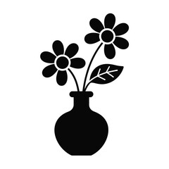 Black Silhouette of Flowers in a Vase on a White Background