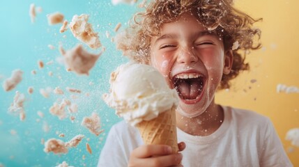 A cheerful child with curly hair joyfully screams while holding an ice cream cone, surrounded by a flurry of debris, capturing sheer excitement and happiness.