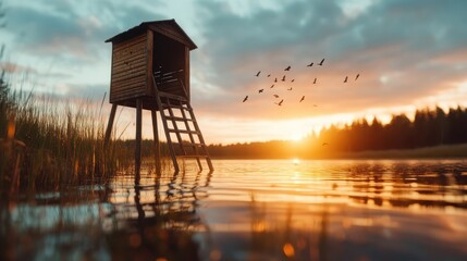 A picturesque wooden watchtower standing gracefully by a tranquil lake at sunset, offering a perfect view of nature while creating a serene atmosphere for reflection.