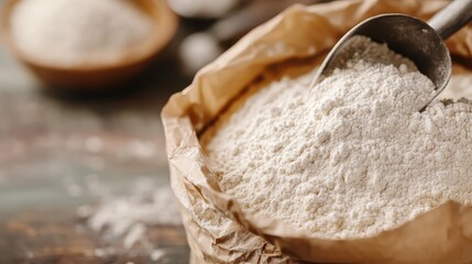 A close-up of a bag filled with fresh flour, showcasing the essential ingredient for baking and emphasizing the warmth of a rustic kitchen atmosphere.