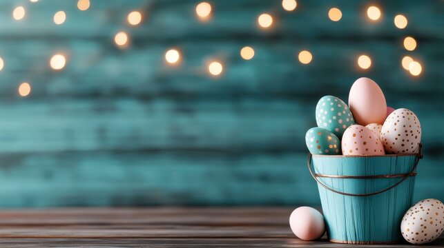 A beautiful display of pastel-colored Easter eggs arranged in a rustic bucket, symbolizing spring celebrations and adding a festive touch to any Easter decor.