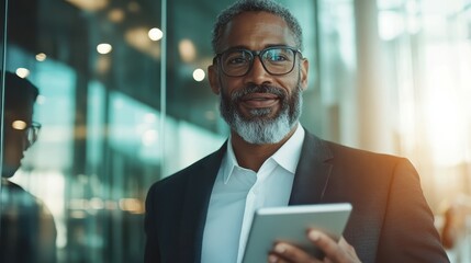 A confident gray-haired businessman stands beside a glass structure, holding a tablet and exuding optimism and professionalism against a backdrop of modern city architecture.