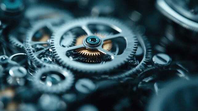 An extreme close-up of intricate clock gears showcases the beauty of mechanical engineering, emphasizing precision, craftsmanship, and the complexity of timekeeping devices.