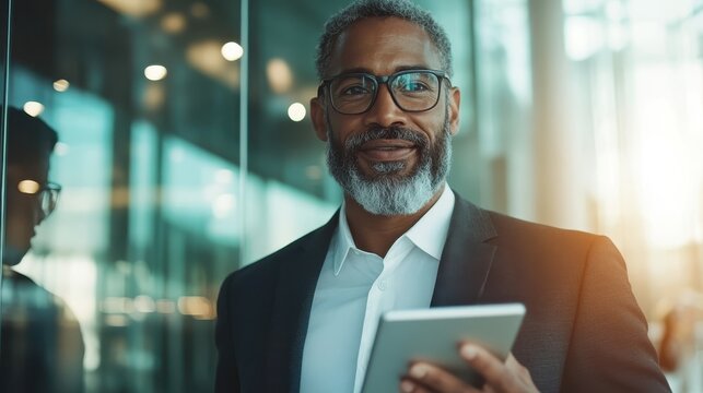 A confident gray-haired businessman stands beside a glass structure, holding a tablet and exuding optimism and professionalism against a backdrop of modern city architecture. - Powered by Adobe