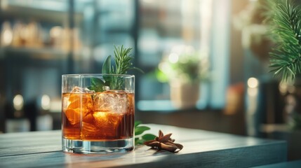 A refreshing cocktail with ice cubes and a decorative garnish placed on a wooden surface, evoking feelings of relaxation and enjoyment, ideal for social settings.