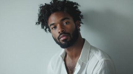 Obraz premium A young man with a beard looking contemplatively. He is wearing casual attire and set against a plain white background.