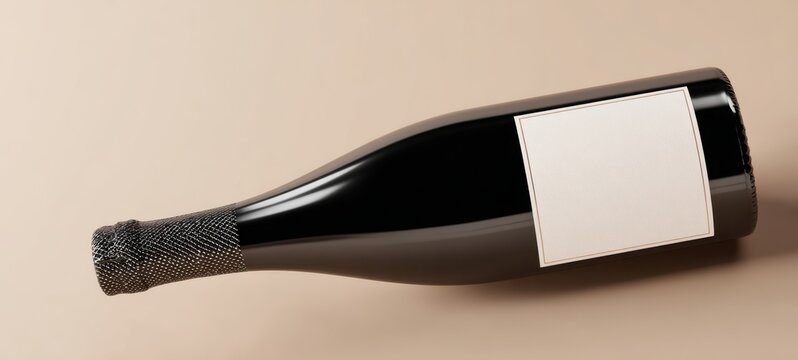The elegant champagne bottle with a blank label on a smooth surface.