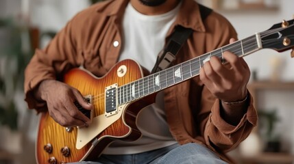 Obraz premium A focused musician passionately playing an electric guitar at home, capturing the essence of creativity and the soulful expression of music in a relaxed setting.