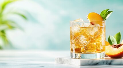 This vibrant drink showcases a refreshing peach beverage with ice, garnished with mint leaves, perfect for summer days or special occasions, evoking a sense of relaxation and enjoyment.