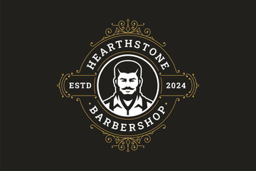 Obraz premium Elegant vintage barbershop logo featuring a male portrait, retro emblem, and grooming service elements. Perfect for branding, business, or fashion. Vector illustration