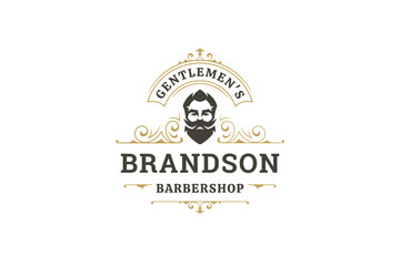 Classic barber shop logo featuring a vintage male portrait, ornate decorative elements, and elegant typography. Perfect for grooming services. Vector illustration