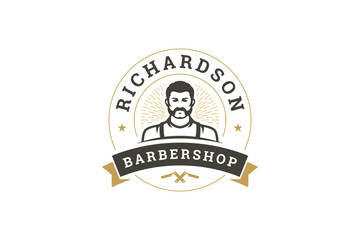 Retro-style emblem for barbershop business, showcasing male face with beard, mustache, set in circular frame with stars and vintage design elements. Vector illustration