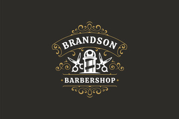 Stylish vintage barbershop logo featuring a barber pole, scissors, and elegant decorative elements. Perfect for retro grooming services. Vector illustration