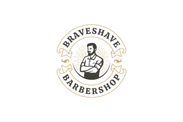 Vintage retro barbershop logo with a male barber, crossed arms, and elegant design elements. Ideal for grooming services and branding. Vector illustration