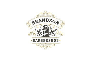 Retro vintage barbershop logo design featuring scissors, barber pole, and ornate elements. Ideal for branding male grooming services and hairdressing businesses. Vector illustration