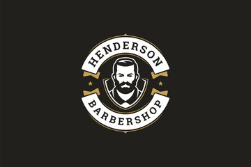 Retro-inspired barbershop logo showcasing a well-groomed male with facial hair, set within a circular emblem. Ideal for branding or promotional materials. Vector illustration