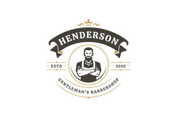 Classic retro barbershop logo featuring a strong bearded male character with elegant design elements. Ideal for branding grooming services and hairdressing businesses. Vector illustration