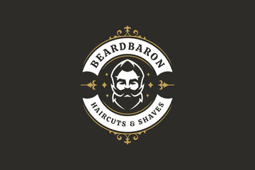Stylish retro barber logo featuring a male face with beard and mustache, surrounded by decorative elements. Ideal for barbershop branding, this vector illustration combines elegance and vintage charm