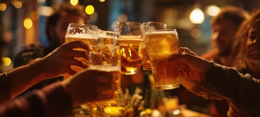 The joyful toast among friends with beers in a vibrant pub setting.