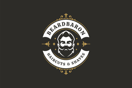Stylish retro barber logo featuring a male face with beard and mustache, surrounded by decorative elements. Ideal for barbershop branding, this vector illustration combines elegance and vintage charm