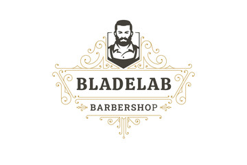 Elegant vintage logo design featuring a bearded male barber with ornate decorative elements. Ideal for branding barbershops, grooming services, and hairdressing businesses. Vector illustration.