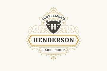 Obraz premium Elegant vintage logo design featuring a bearded male barber with an ornate emblem. Ideal for branding barbershops, grooming services, and professional hairdressing businesses. Vector illustration.