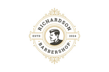 Classic retro barbershop logo featuring a male character with a mustache and elegant, ornate design elements. Perfect for branding barbershops, and hairdressing businesses. Vector illustration