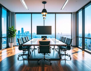 Modern Corporate Office with Conference Table, Ergonomic Chairs, and Financial Documents in Bright, Clean Workspace