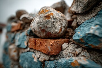 Fototapeta premium Close-up of weathered stone and brick wall