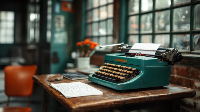 An inviting snapshot of a turquoise typewriter resting on a rustic wooden table, evoking nostalgia and creativity in a warm and stylish workspace or café setting.
