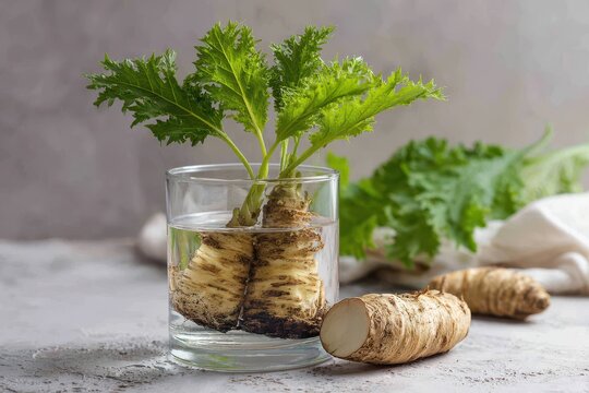 Horseradish Armoracia rusticana in a container with water