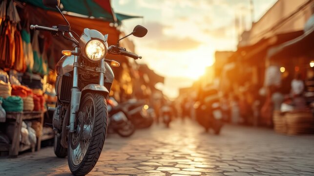 A sleek motorcycle stands in focus with a vibrant marketplace in the background, illuminated by the warm hues of a setting sun, creating an energetic urban atmosphere.