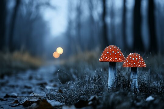 Enchanting red mushrooms misty forest nature photography ethereal atmosphere close-up view magical vibes