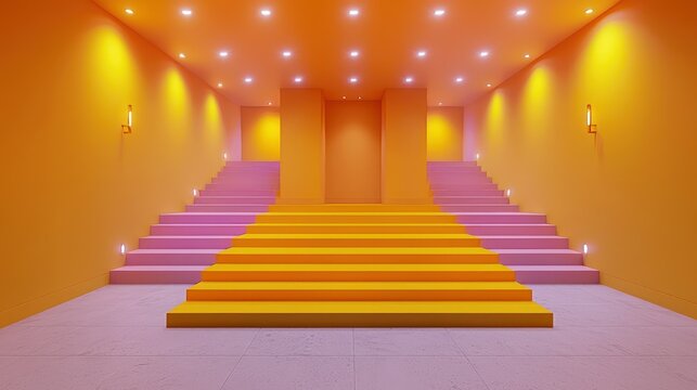 A vibrant, symmetrical space with yellow and pink stairs