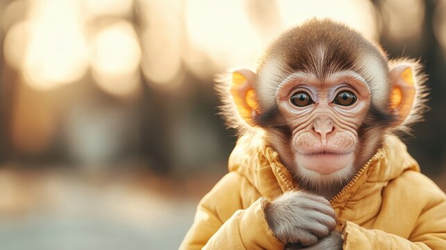 This engaging portrait of a young monkey wearing a colorful jacket showcases its playful personality and curious gaze, inviting connection with the viewer in a warm, natural setting.