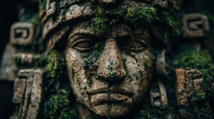 Close-up of weathered stone carving, overgrown with moss