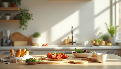 Fototapeta premium Fresh Vegetables on Wooden Countertop in Bright Modern Kitchen