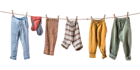 A clothesline with various laundry items, such as shirts, pants, and socks, hanging at different heights. isolate on transparent background