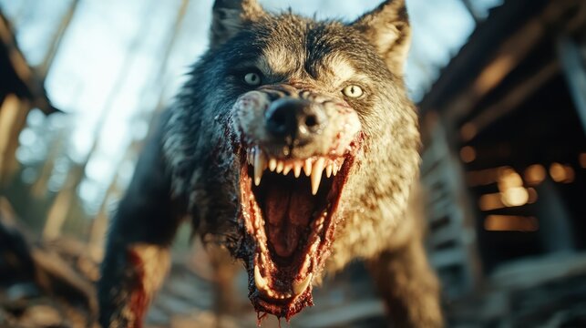 A dramatic close-up of an aggressive wolf, showcasing its sharp teeth and intense gaze, surrounded by a blurred forest background that adds tension to the image.