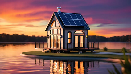 Contemporary off grid house with sunset reflections

