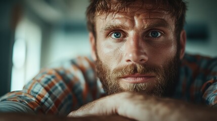 A close-up portrait of a rugged bearded man, showcasing deep emotion and character with a focus on his captivating eyes in a soft, warm environment that evokes contemplation.