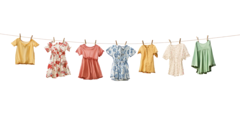 A clothesline stretched between two posts, with colorful clothes hanging neatly in the breeze. isolate on transparent background