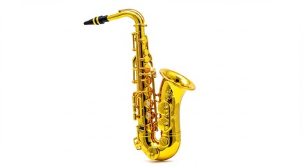 Naklejka premium Shiny gold alto saxophone gleams brightly against a stark white background. AI Generated